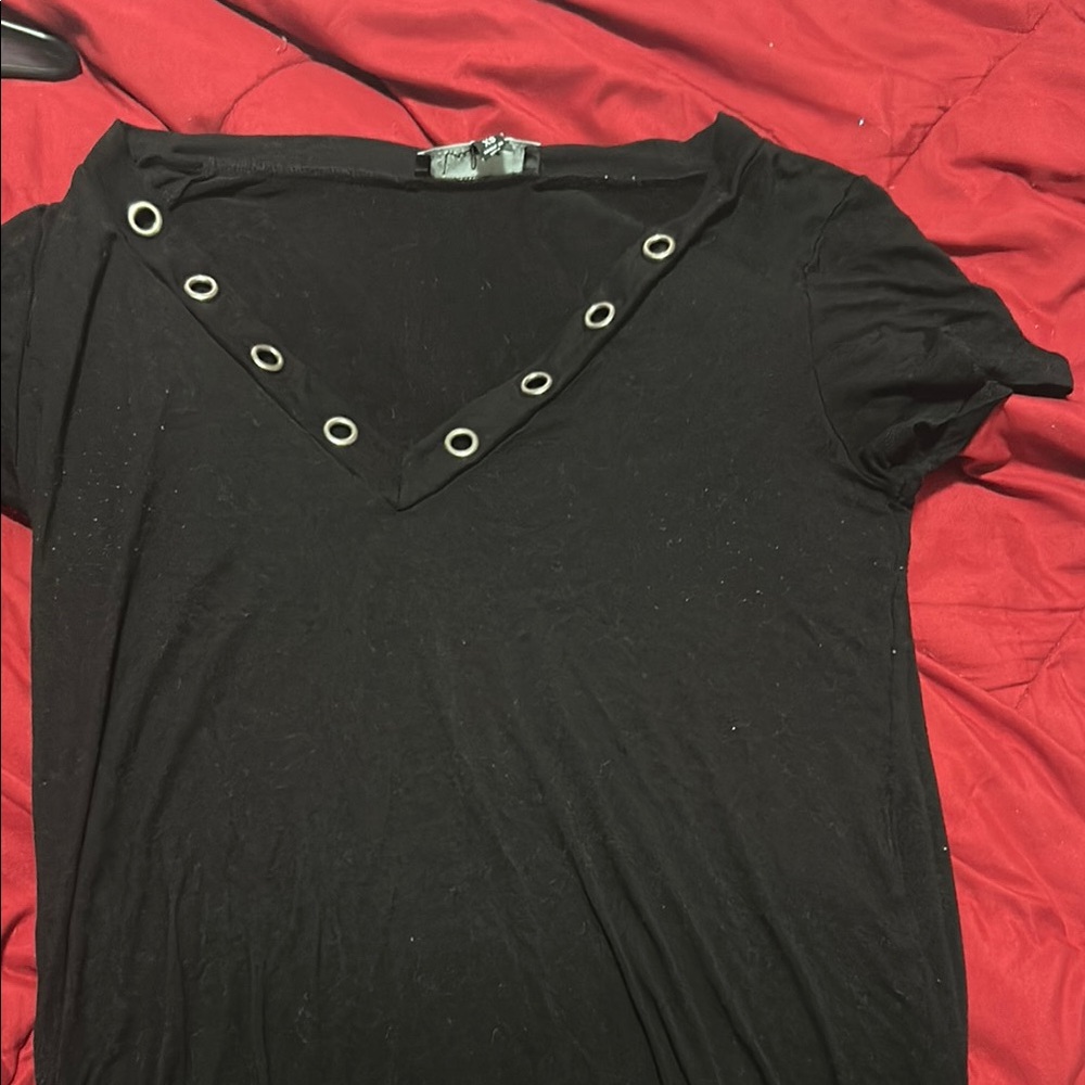 Lulu's Black Short Sleeve Tee with Silver Grommet Detail